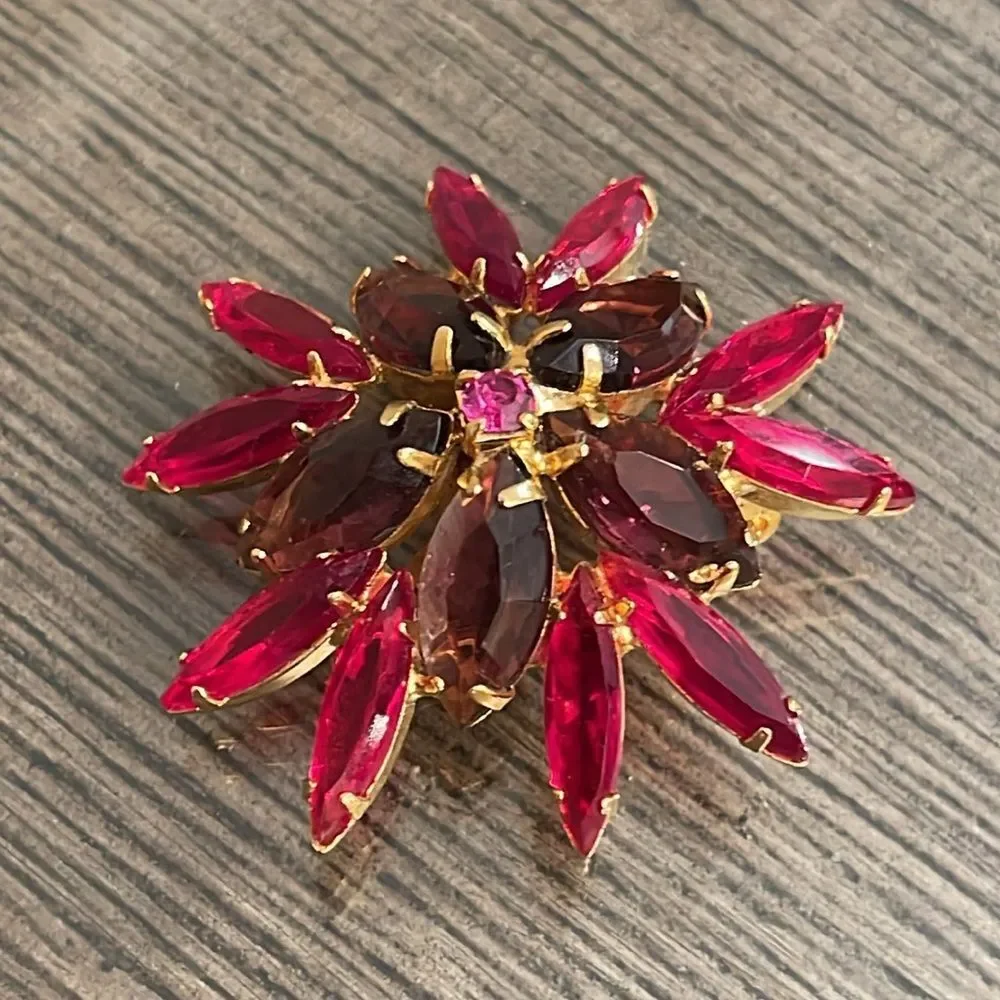 Vintage Floral Rhinestone Pin Red, Purple and Pin